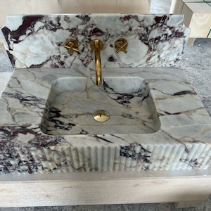 Calacatta Viola Marble Hidden Drain Sink, Marble Washbasin, Wall Mounted Sink, Custom Order Sink, Vessel Sink image 6