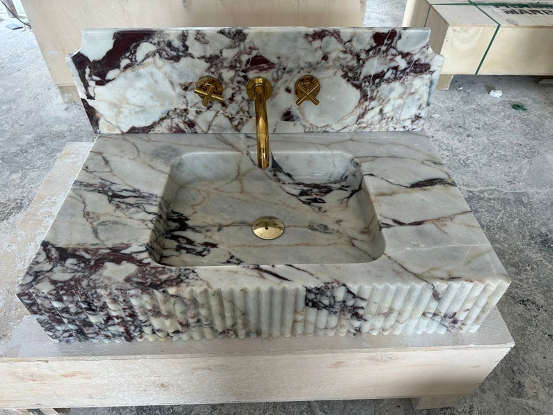 Calacatta Viola Marble Hidden Drain Sink, Marble Washbasin, Wall Mounted Sink, Custom Order Sink, Vessel Sink image 6