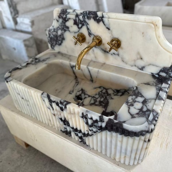 Hand Carved Calacatta Viola Marble Sink - Wall Mounted Vessel