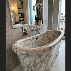 Fully Customizable Calacatta Monet Marble Bathtub – Handmade Freestanding Luxury Soaking Tub – Carved Solid Stone Bath — Green Veined Tub
