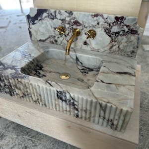 Calacatta Viola Marble Hidden Drain Sink, Marble Washbasin, Wall Mounted Sink, Custom Order Sink, Vessel Sink image 7