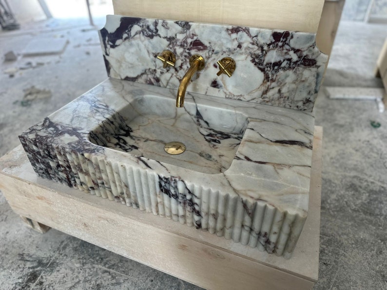 Calacatta Viola Marble Hidden Drain Sink, Marble Washbasin, Wall Mounted Sink, Custom Order Sink, Vessel Sink image 7