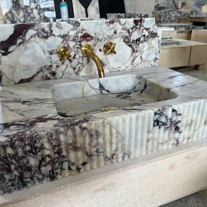 Calacatta Viola Marble Hidden Drain Sink, Marble Washbasin, Wall Mounted Sink, Custom Order Sink, Vessel Sink image 4