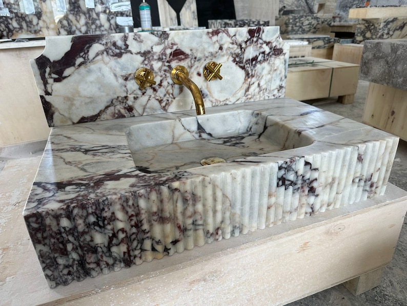 Calacatta Viola Marble Hidden Drain Sink, Marble Washbasin, Wall Mounted Sink, Custom Order Sink, Vessel Sink image 4