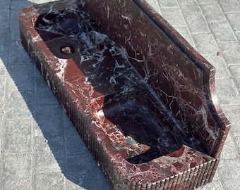 Handmade Rosso Levanto Marble Double Sink: Fluted Red Stone Vessel with Backplate, Fully Customizable