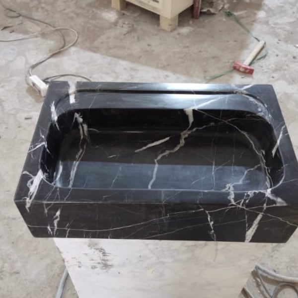 Lavabo in marmo Nero Marquina: lavabo nero satinato, mobiletto da parete (16''x24x5")