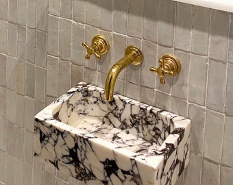 Calacatta Viola Marble Sink: Hand Carved Wall Mount Washbasin