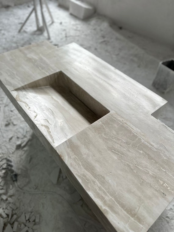Hand Carved Travertine Farmhouse Sink: Wall Mount Washbasin (21”x40”x12”)