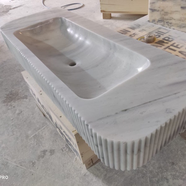 Hand Carved Cararra Marble Sink: Fluted Vessel Sink, Rounded Corner