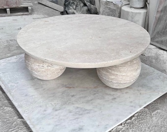 Round Travertine Coffee Table with Sphere Base