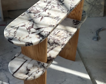 Handmade Calacatta Viola Marble & Oak Console Table - Modern Entryway Accent Shelf