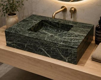 Verde grön marmor handfat, handgjort rektangulärt tvättställ i natursten