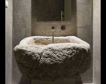Raw Travertine Pedestal Sink: Rough Chiseled Natural Stone Basin