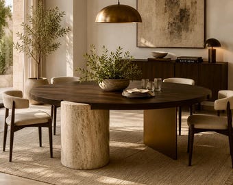 Mesa de comedor redonda de lujo para 8 personas / Mesa de comedor de roble macizo y travertino / Mesa de comedor moderna y escultural / Muebles de diseño hechos a mano