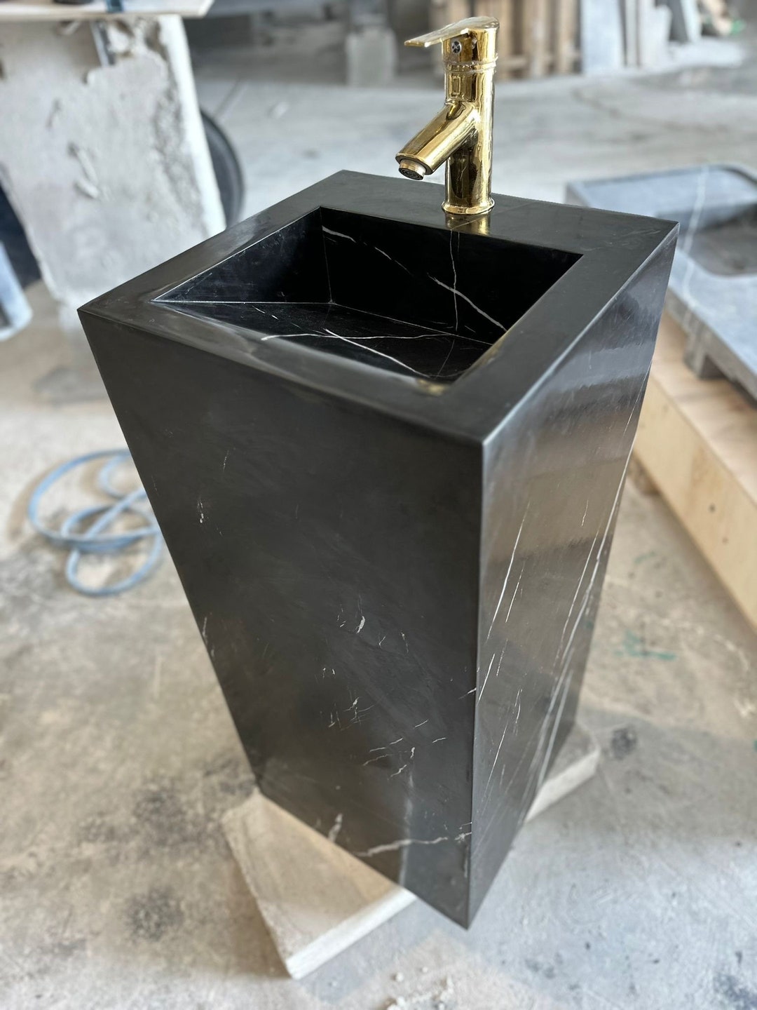 Nero Marquina Marble Pedestal Sink, Black Marble Pedestal Sink, , Black