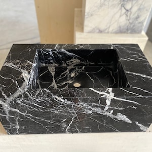 Black Marble Sink – Modern Rectangular Stone Basin – Luxury Vanity Lavabo – Custom Handmade Bathroom Countertop Sink