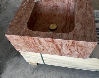 Red Travertine Sink, Wall Mount Sink, Custom Order Sink, Vessel Washbasin, Powder Room Sink, Hand Carved Sink