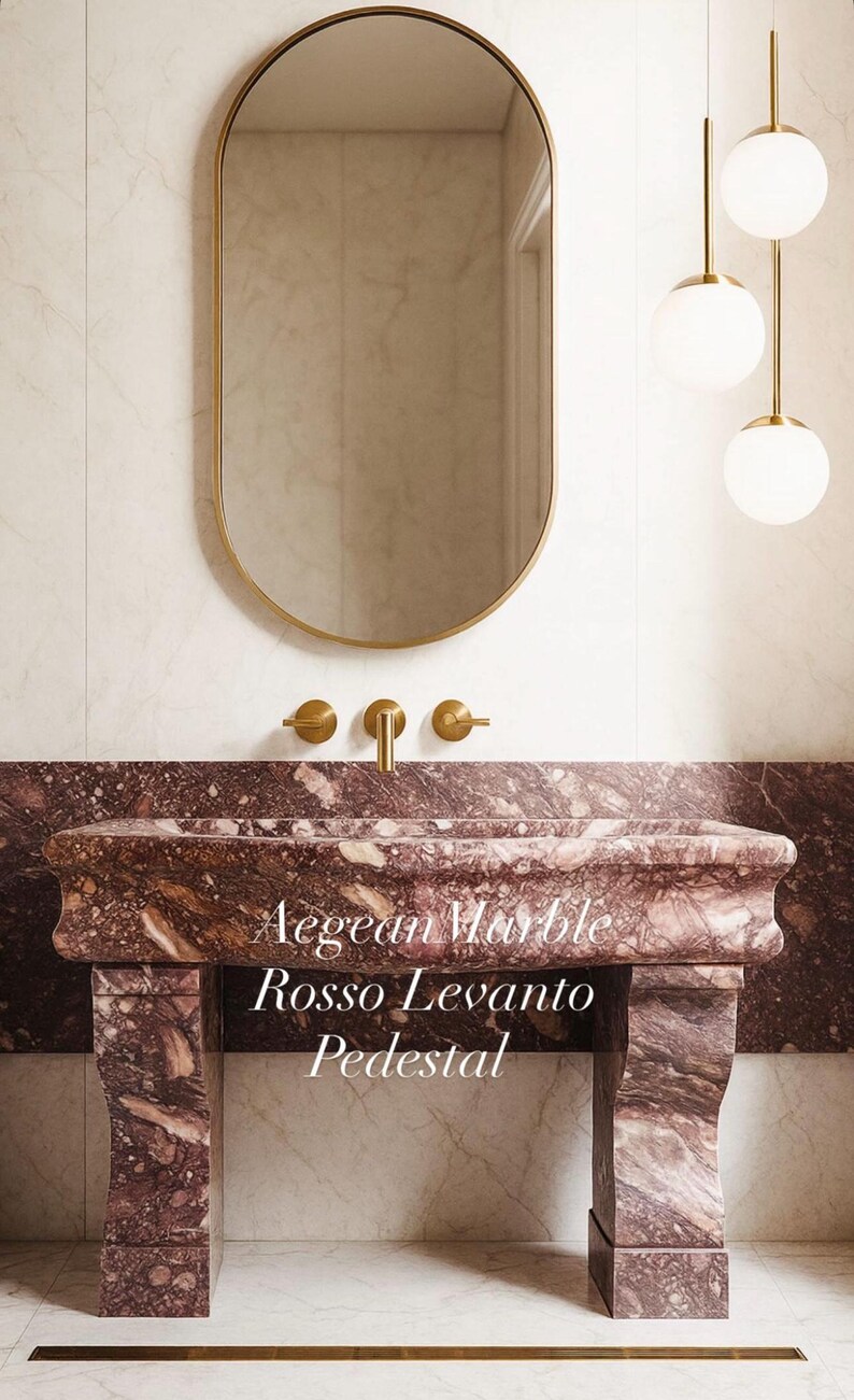 Rosso Levanto Marble Console Sink | Handmade Luxury Pedestal Vanity | Custom Marble Bathroom Sink | Freestanding Stone Wash Basin image 2