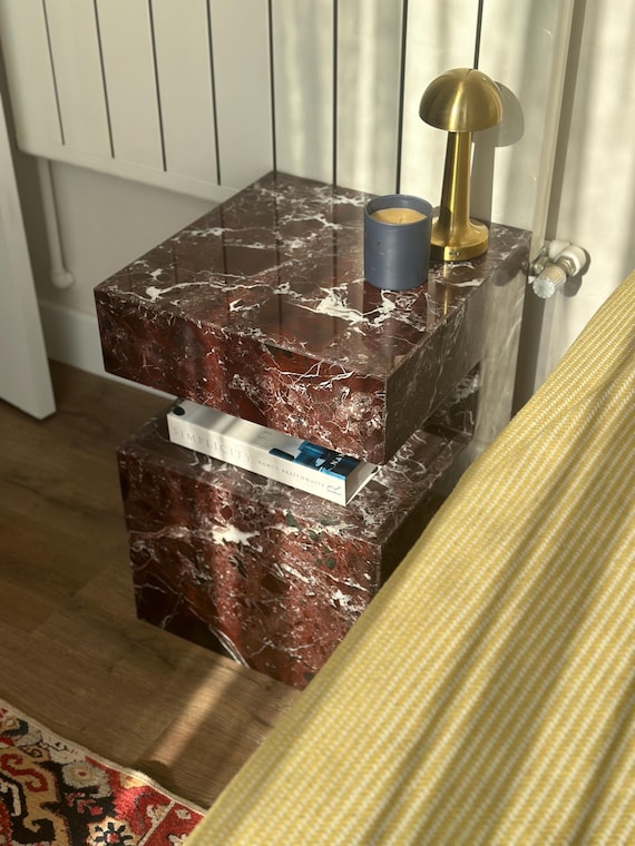 Rosso Levanto Marble Nightstand: Handmade Natural Stone Side Table