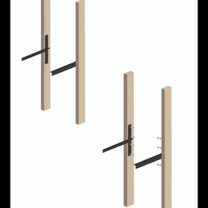 May include: Two methods for attaching a black metal bracket to two wooden posts. The first method shows the bracket attached to the post with a single screw. The second method shows the bracket attached to the post with multiple screws.