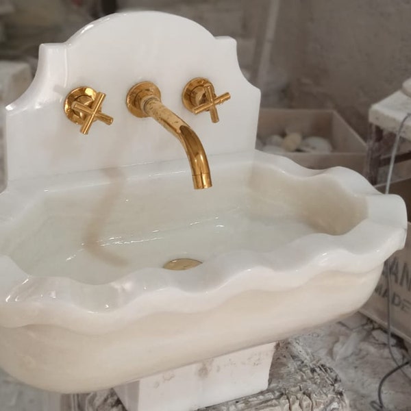 White Marble Sink, Light Veined Washbasin, Custom Order Marble Sink, Hand Carved Sink,Powder Room Sink