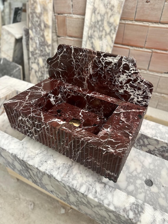 Handmade Rosso Levanto Marble Sink: Fluted Red Stone Vessel with Backplate