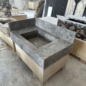 IN CUSTOMIZABLE SIZES, Aqua Luna Grey Marble Sink, Grey Marble Washbasin, Marble Sink, Wall Mount Marble Washbasin, Farmhouse Sink
