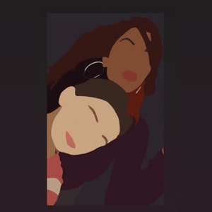 May include: A minimalist illustration depicting two figures in an embrace. One person's head rests on the other's shoulder. The artwork uses a palette of browns, reds, and purples, conveying a sense of warmth and intimacy.