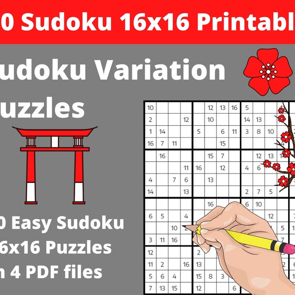 Easy 16x16 Sudoku Puzzles Printable PDF - 200 Sudoku Variation Puzzles for Adults with Answers - Instant Download