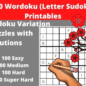 Letter Sudoku  (&quot; Wordoku &quot; or &quot; Word Sudoku &quot;) - 400 Printable PDF Puzzles with Answers - Instant Download
