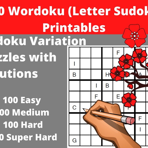 Letter Sudoku  (" Wordoku " or " Word Sudoku ") - 400 Printable PDF Puzzles with Answers - Instant Download