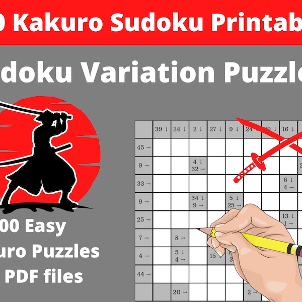 Easy Kakuro Sudoku Puzzles - 300 Printable PDF Japanese Puzzles for Adults with Answers - Instant Download