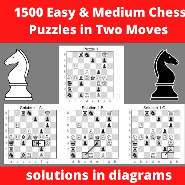1500 Chess Puzzles in Two Moves Printable PDF - with Answers - Instant Download Chess Gift, Chess Book, Chess Game, Chess Problems