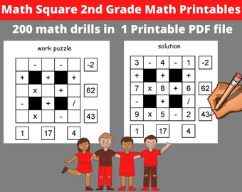 Math Square Puzzles - 2nd and 3th Grade Math Printable Worksheet - Addition, Subtraction, Multiplication and Division Printable Homeschool