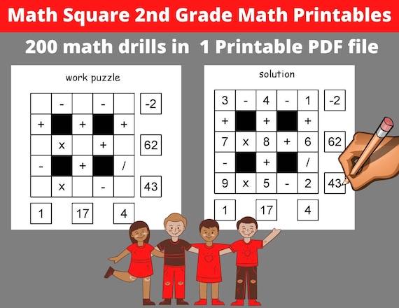 Rompecabezas de cuadrados matemáticos Hoja de trabajo imprimible de  matemáticas de segundo y tercer grado Suma, resta, multiplicación y  división