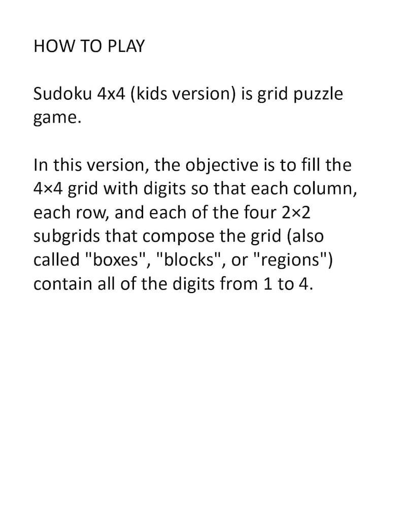 Printable PDF Easy Sudoku for Kids 4x4 - 400 Children Puzzles With ...