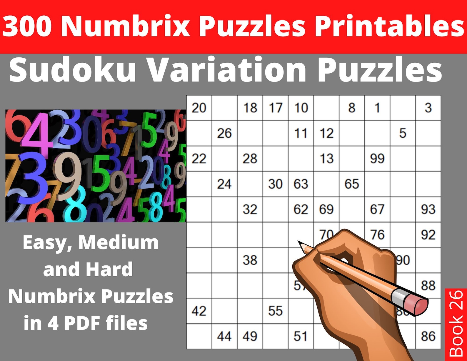 Easy, Medium and Hard Numbrix Puzzles Printable PDF 300 Numbricks Puzzle Books of Brain Teaserss