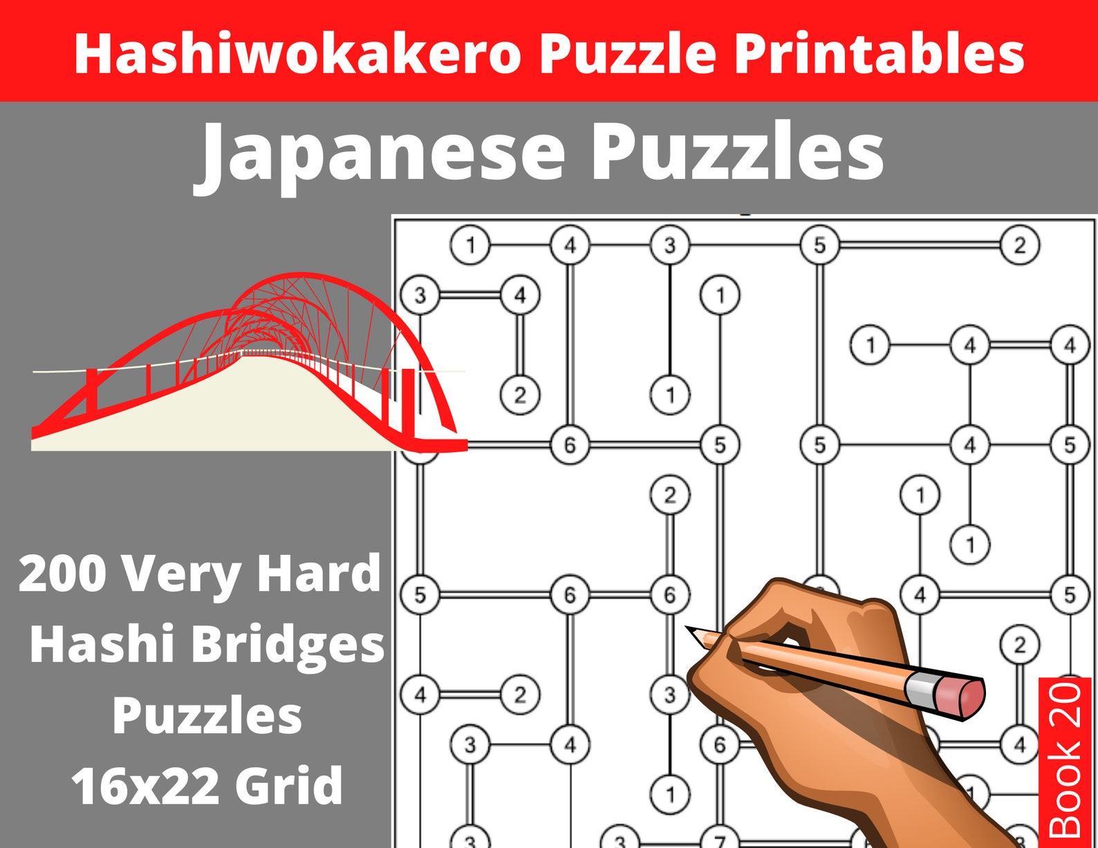 Hard Hashi Bridges Puzzles Printable PDF - 200 Hashiwokakero Japanese ...