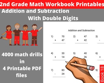 Second Grade Math Worksheets -4000 Printable Math Drills with Addition and Subtraction of Two Digits Numbers - Instant Download