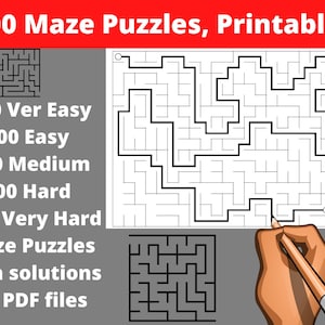May include: A black and white maze puzzle with a pencil tracing the solution path. The image includes text that reads "500 Maze Puzzles, Printables", "100 Ver Easy", "100 Easy", "100 Medium", "100 Hard", "100 Very Hard", "Maze Puzzles", "with solutions", "in 5 PDF files", and "Book 36".