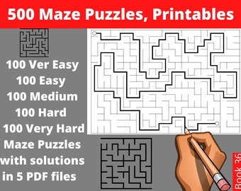From Very Easy to Extremely Hard Maze Puzzles - 500 Printable Labyrinth Puzzles with Answers - Instant Download