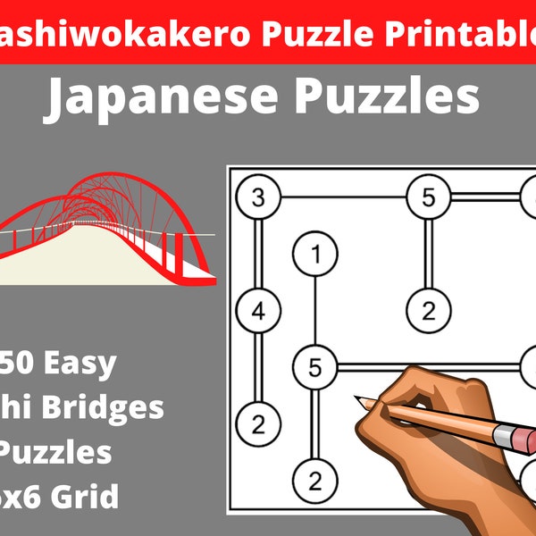 Easy Hashi Bridges Puzzles Printable PDF - 450 Hashiwokakero Japanese Puzzles with Answers - Instant Download