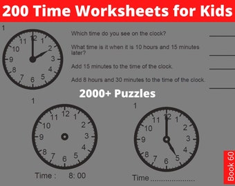 May include: A black and white analog clock face with the time set to 8:00. The clock face is surrounded by a black circle with white numbers 1 through 12. The clock hands are black. The text "Time: 8:00" is below the clock. The text "2000+ Puzzles" is in the center of the page.