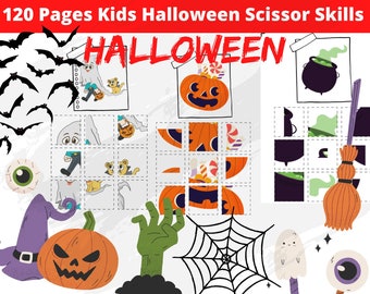 120 sidor Halloween saxfärdigheter för barn - pdf Saxövning - Halloween digitala utskrifter för klippning och limning