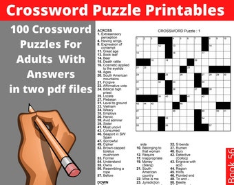 Crossword Puzzle Printables For Adults - 100 Crosswords With Solutions - Instant Download - Large Print Fun Activities Book For Seniors