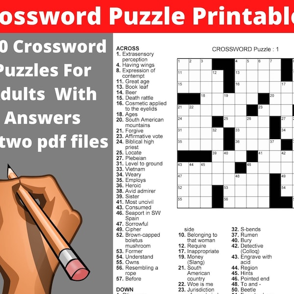 Crossword Puzzle Printables For Adults - 100 Crosswords With Solutions - Instant Download - Large Print Fun Activities Book For Seniors