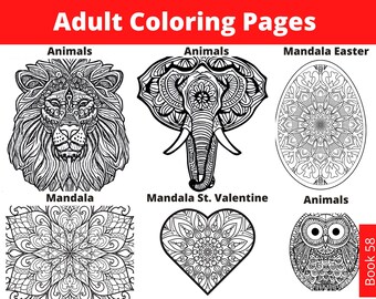 Adult Coloring Pages Printable, Mandala Coloring Book, Mandala Easter Eggs, Mandala St. Valentine Hearts, Mandala Animals - Instant Download