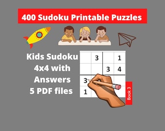 印刷可能な PDF 簡単な子供向け数独 4x4 - 答え付きの 400 個の子供向けパズル - 即時ダウンロード