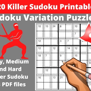 Op de afbeelding: Een printbaar Sudoku-puzzelboek met 420 killer Sudoku-puzzels. De puzzels zijn verdeeld in drie moeilijkheidsgraden: gemakkelijk, middel en moeilijk. De omslag toont een rode ninja die een zwaard vasthoudt en een rode ster met een witte cirkel in het midden.