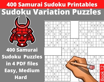 Easy, Medium and Hard Samurai Sudoku Puzzles Printable PDF - 400 Sudoku Variation Puzzles for Adults with Answers - Instant Download